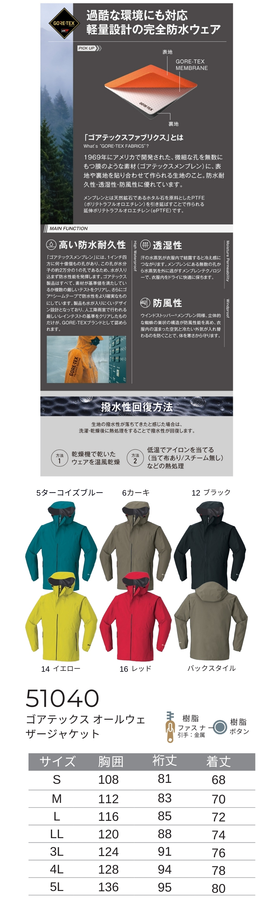 GORE-TEX軽量アウトドアレインジャケット51040 防寒服プロ