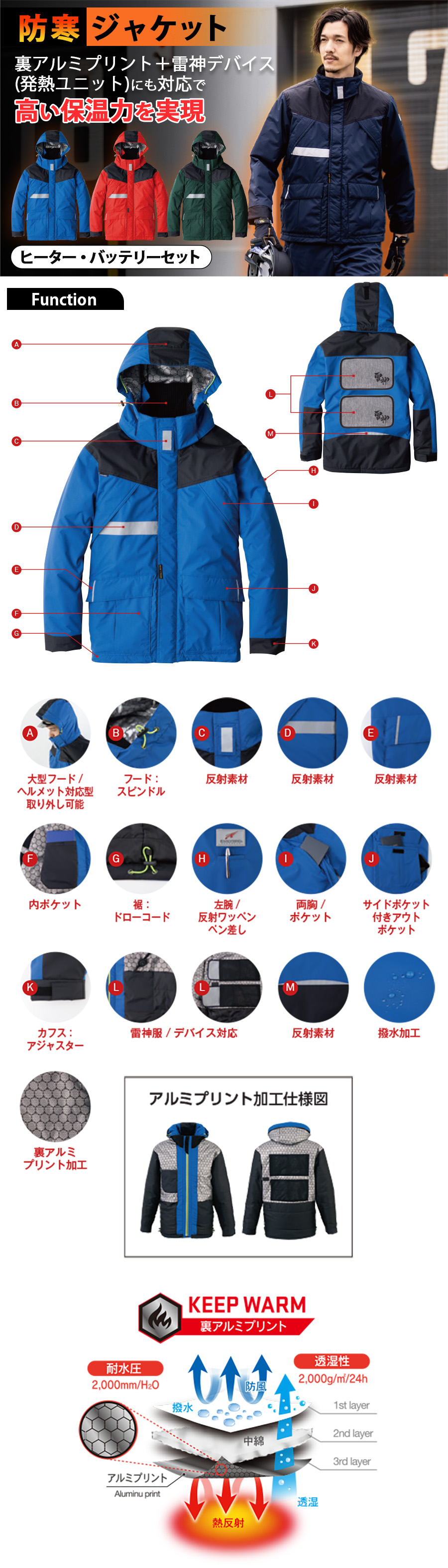 ビッグボーンEBA718 裏アルミプリント中綿防寒ジャケット｜雷神服 発熱